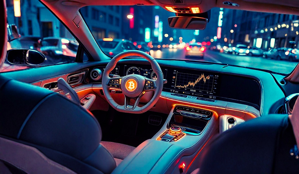 Interior de un auto moderno con luces neón azul y naranja. En el volante brilla el símbolo de Bitcoin, y en la pantalla del tablero se ve un gráfico financiero en alza. Afuera, la ciudad nocturna aparece desenfocada, con reflejos de luces y autos en movimiento.
