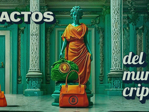 Imagen conceptual sobre criptomonedas: una estatua clásica femenina en un edificio de arquitectura antigua sostiene bolsos con símbolos de Bitcoin y Ethereum. Escena surrealista que mezcla estética clásica con elementos del mundo cripto y financiero.