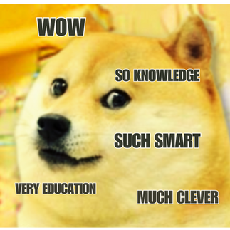 Primer plano del meme Doge clásico acompañado de frases humorísticas como “WOW”, “such smart”, “much clever”, evocando el estilo viral de 2013.