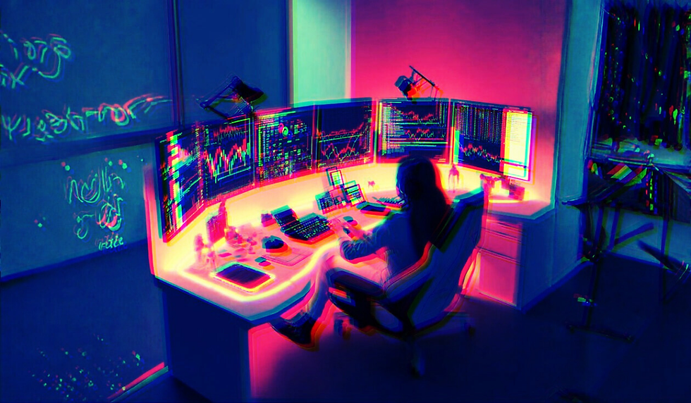 Imagen digital de una persona frente a múltiples monitores con gráficos financieros en un escritorio blanco iluminado. El entorno tiene un estilo futurista con luces neón rosas y azules, y efecto glitch que crea una atmósfera intensa y tecnológica. Representa el análisis de datos y la energía del ecosistema cripto contemporáneo.