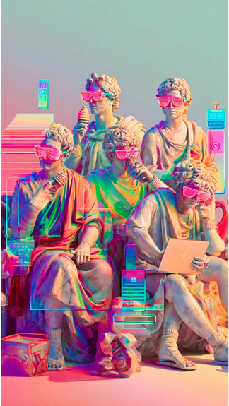 Grupo de estatuas clásicas intervenidas con colores vibrantes, gafas digitales y dispositivos tecnológicos, simbolizando la digitalización, el mundo cripto y la nueva cultura financiera.