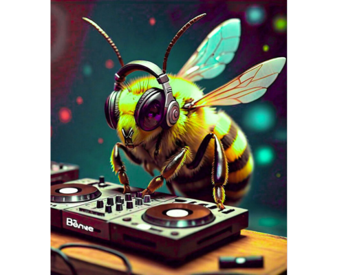 Ilustración digital de una abeja con auriculares actuando como DJ, manipulando una consola de sonido profesional. La escena combina humor y detalle realista, simbolizando creatividad y energía lúdica.