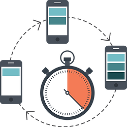 Graphic showing a stopwatch surrounded by a circular cycle depicting a phone screen that gets more detailed over time