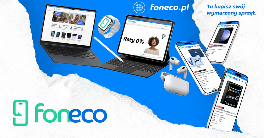 Tło zrobione dla Foneco przedstawia telefony i MacBook