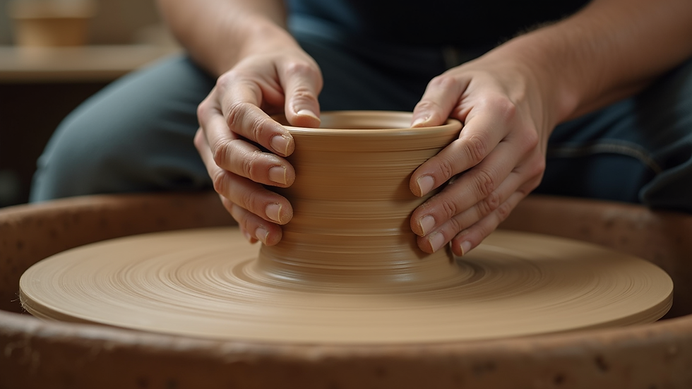 Close-up view of a potter's wheel with freshly thrown clay