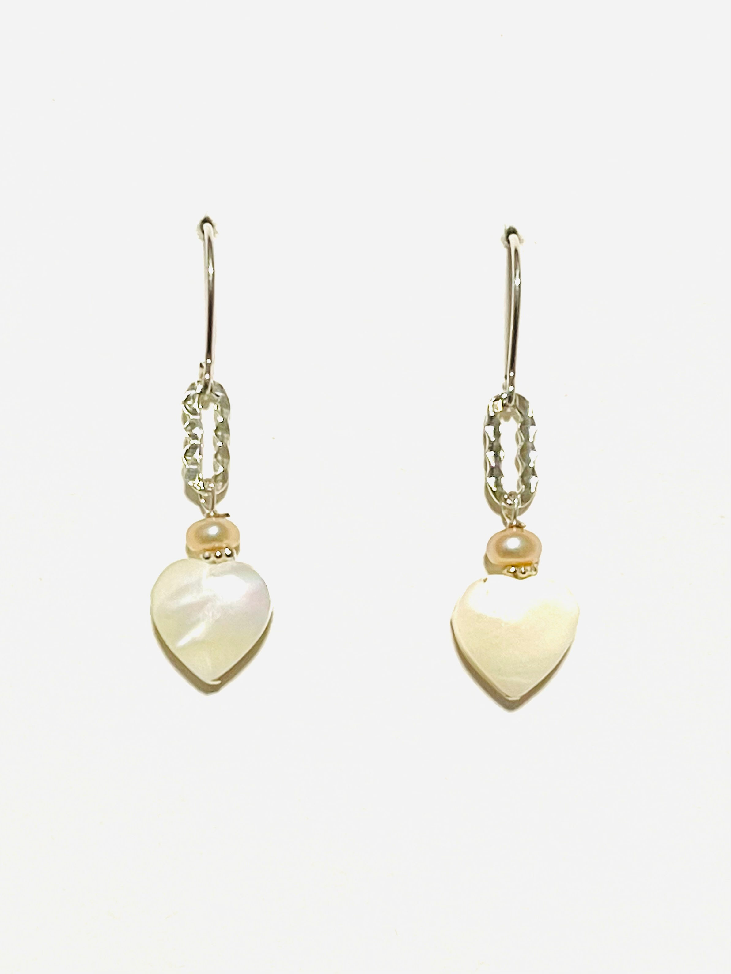 Mother of Pearl Heart w/ Freshwater Pearl Bead in Sterling Silver Earrings