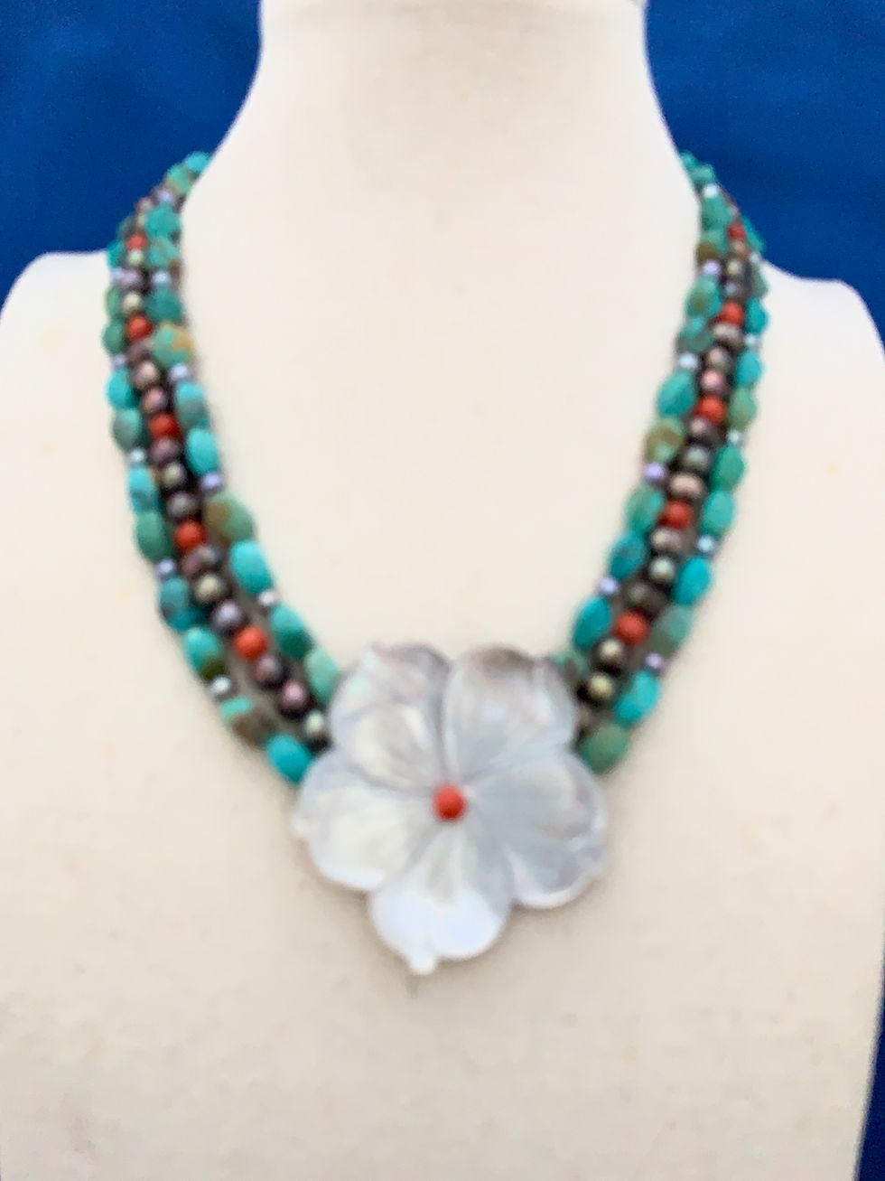 Thumbnail: Mother of Pearl Flower on Turquoise Coral and Pearls