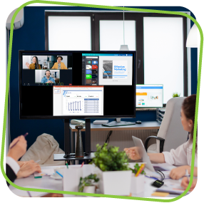 A meeting room screen with a shared video conference and other content displayed.