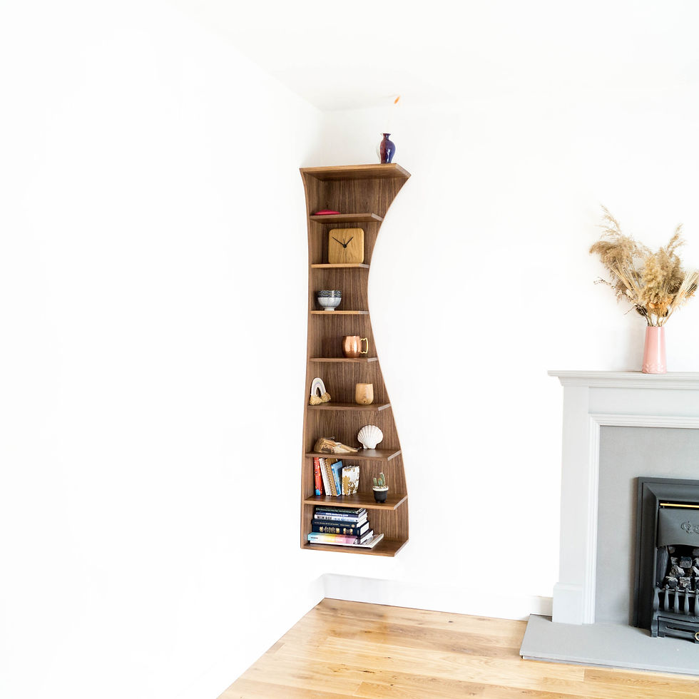 Thumbnail: Wavy wooden bookshelf in a room corner