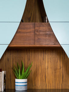 Modern shelf unit cabinet with blue curved panels, plant, and books as part of hand made nature inspired furniture