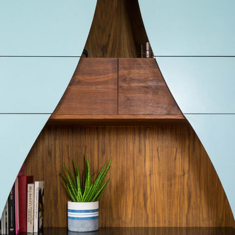 Modern shelf unit cabinet with blue curved panels, plant, and books as part of hand made nature inspired furniture