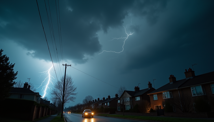 Eye-level view of a residential neighborhood with dark storm clouds and lightning in the sky