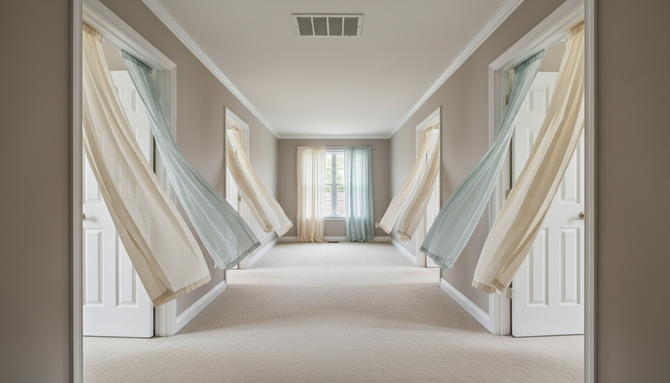 Wide-angle view of a bright hallway with bedroom doors open and cool air moving through a home
