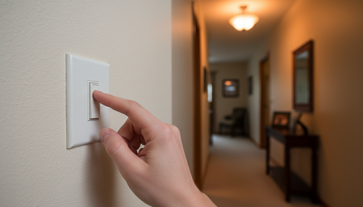 Close-up view of a hand reaching toward a light switch beside a softly flickering hallway light.