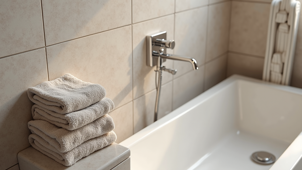 High angle view of textured bathroom tiles and soft towels
