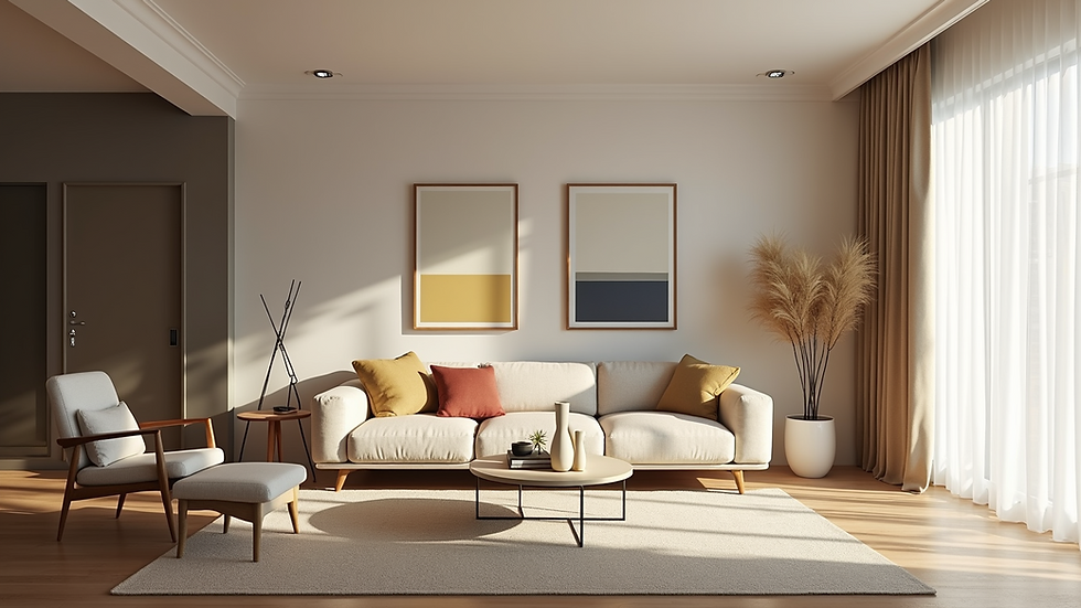 High angle view of a living room showing a balanced mix of neutral and colourful decor