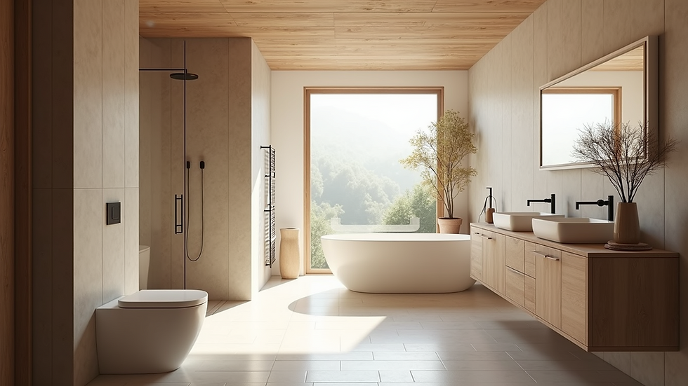 Eye-level view of a modern bathroom with natural light and timber accents