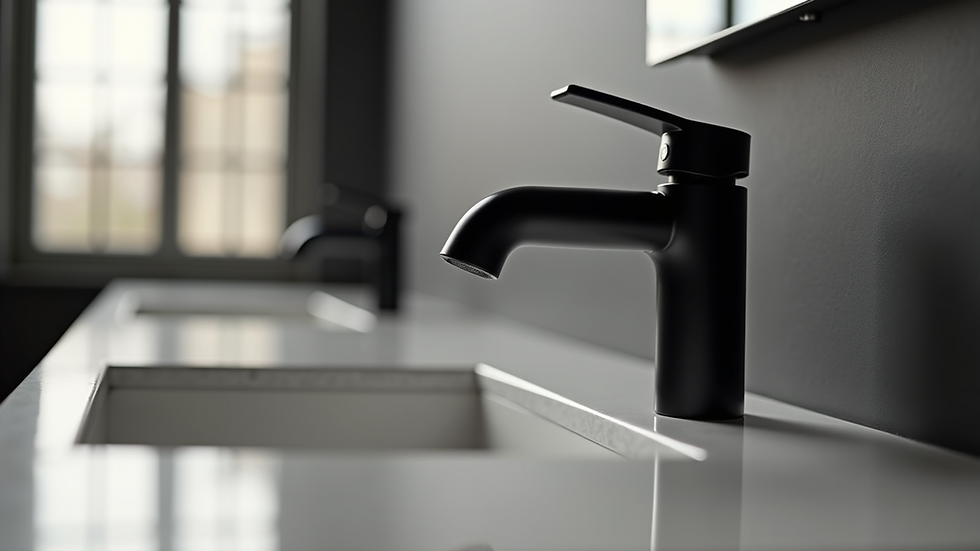 Close-up view of matte black bathroom fixtures and quartz countertop