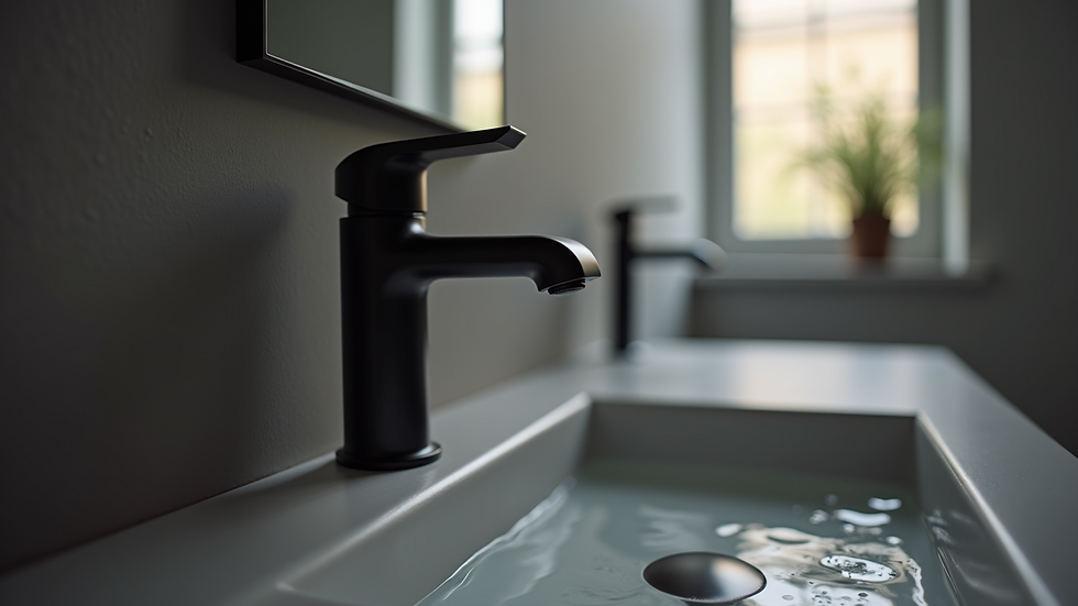 Close-up of matte black bathroom tap and basin