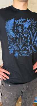 Black shirt with bright blue botanical line illustrations