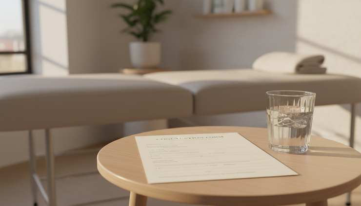 Close-up view of a skincare consultation form beside a glass of water.