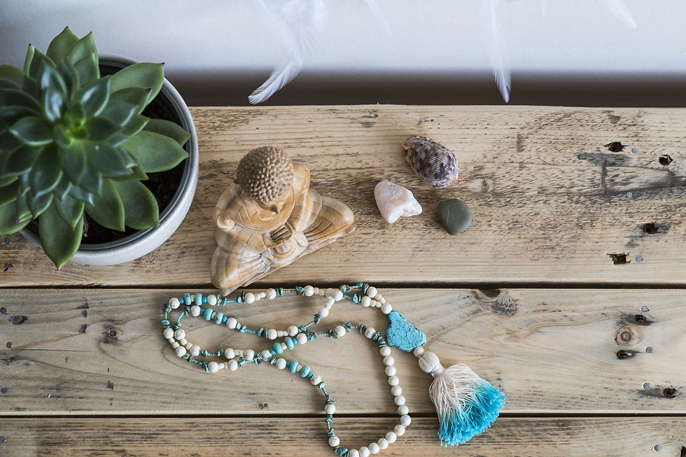 Serene yoga altar with a jade plant, mala beads, a Buddha statue, and soothing stones on a rustic wooden table.