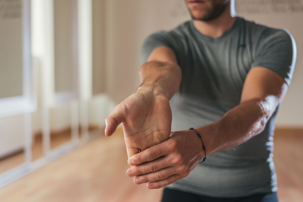 Therapeutic wrist stretch using the opposite hand for support—ideal for improving circulation and easing tightness from daily use.