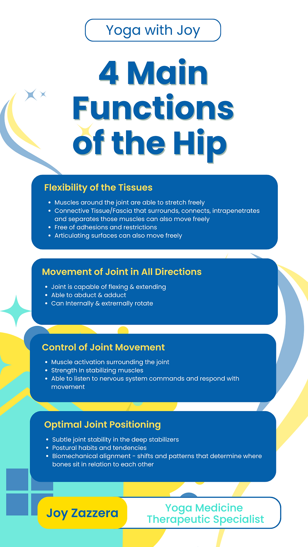 The hip has 4 main functions: (1) Flexibility of the Tissues; (2) Movement of the Joint in all directions; (3) Control of Joint Movement; and (4) Optimal Joint Positioning.
