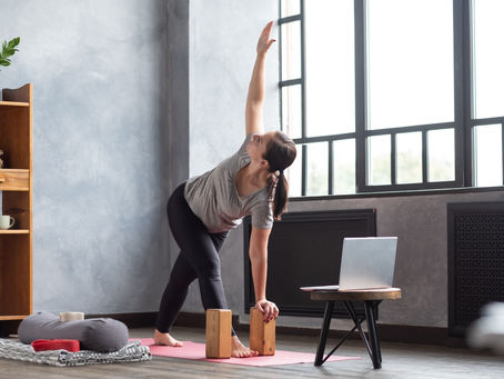 A supportive, comfortable home yoga practice allows a front-row seat for expert guidance with an online teacher.