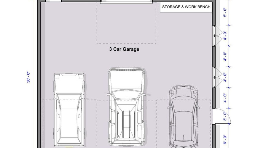 Sun Peaks A's floor plan shows off its traditional design, three-car capacity, flat ceiling, and thoughtfully laid out inside. #TraditionalDesign #GarageLayout #2DFloorPlan #GarageFloorPlan