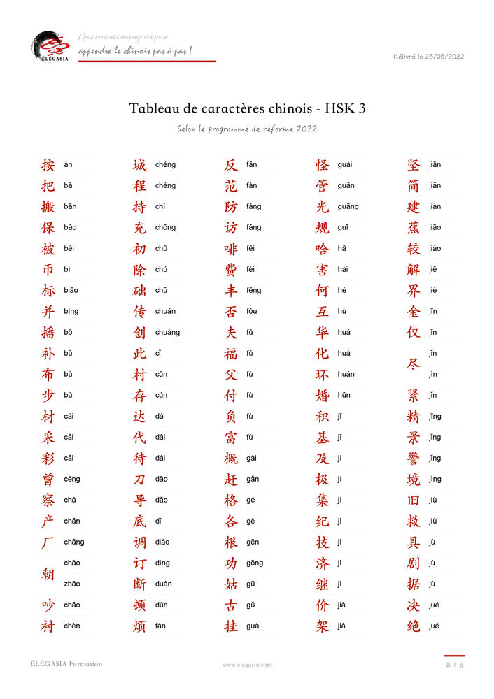 Tableau de caractères chinois HSK 3 elegasiaformation