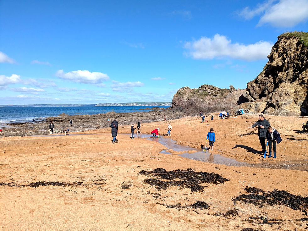 Mum and autistic kids on Hope Cove, nr Salcombe, Devon. Walking along sand, rock-pooling and paddling in shallows.