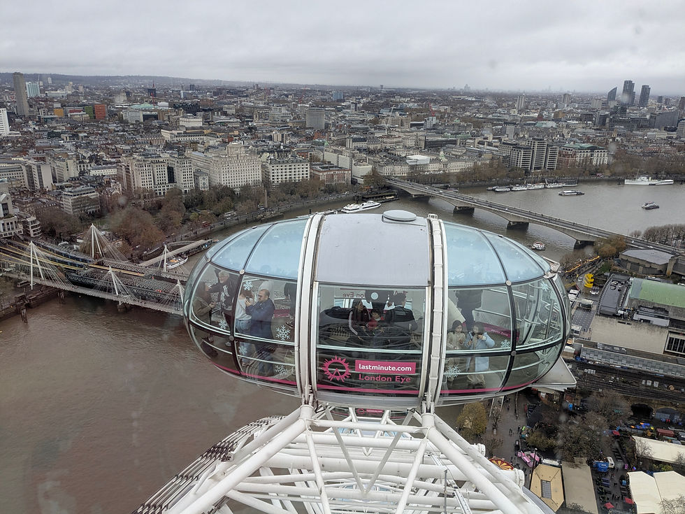 High-altitude view from a London Eye capsule looking down at another pod decorated with festive winter snowflake stickers, overlooking the River Thames and the London cityscape.