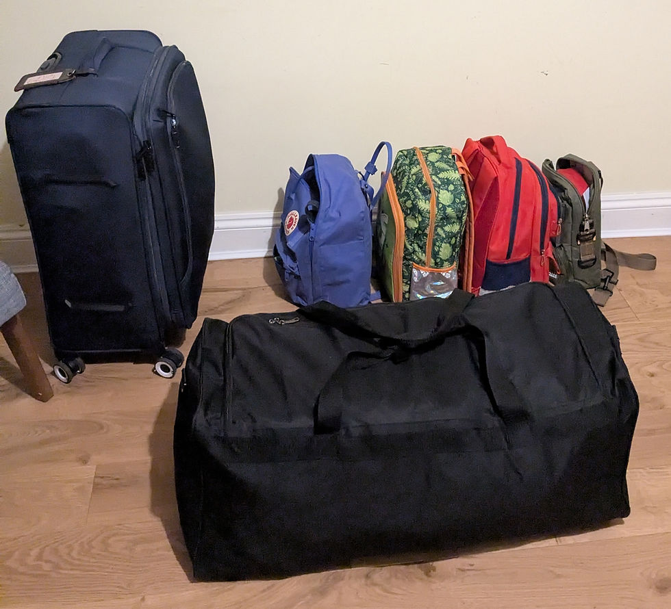 Four day packs and two family suitcases packed and ready to travel