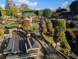 Model houses and train at Bekonscot Model Village and Railway