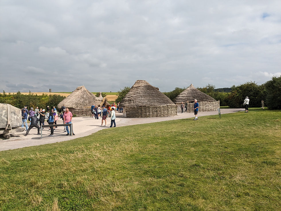 A collection of roundhouses seen from the grass at the The Stonehenge Neolithic Village