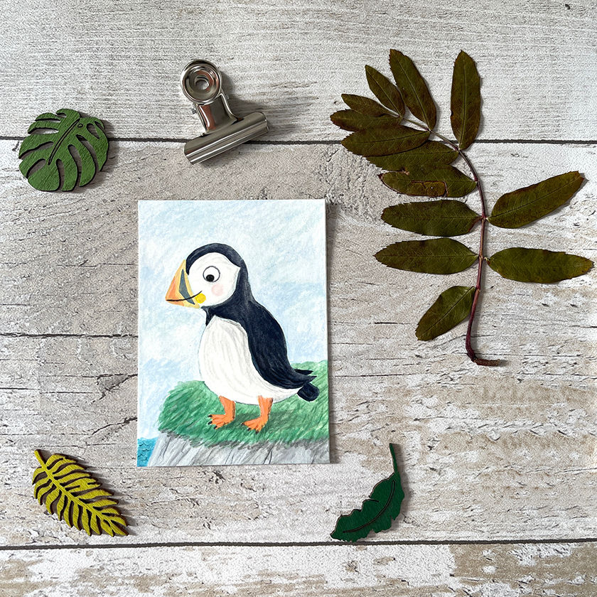 Original Puffin Bird Gouache Painting | ACEO