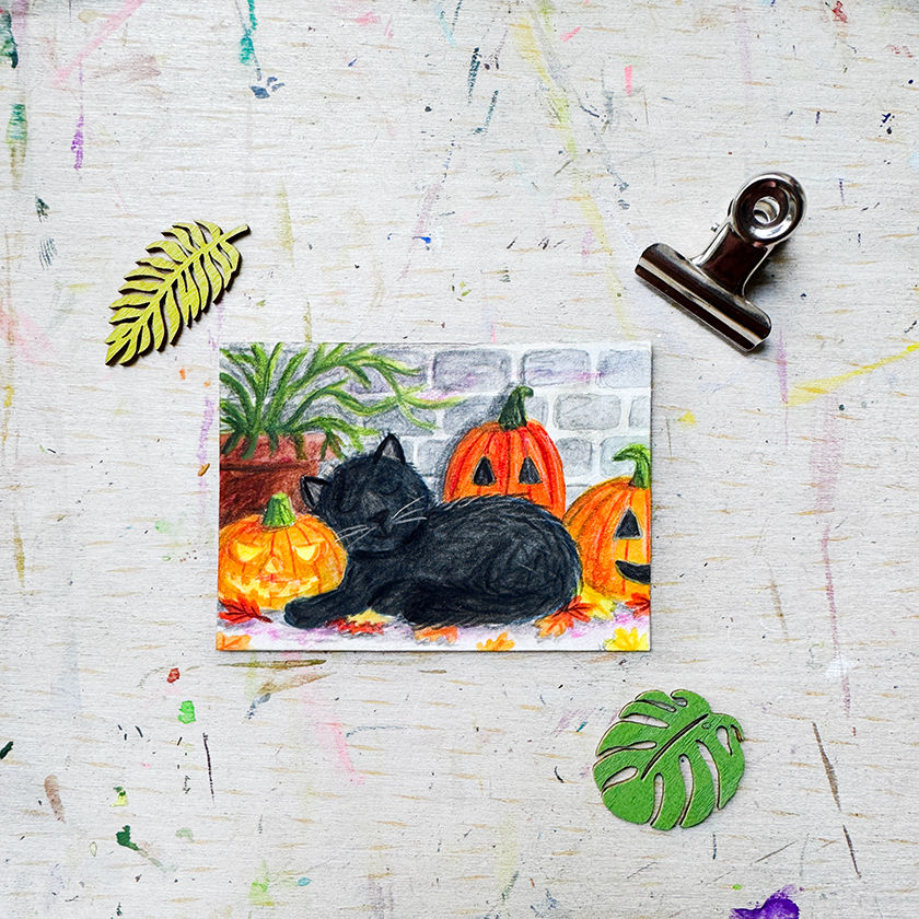 Original Black Cat Pumpkin Gouache Painting | ACEO