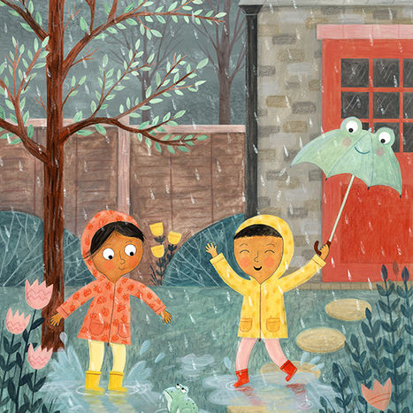 children playing in the rain with frog in puddle.