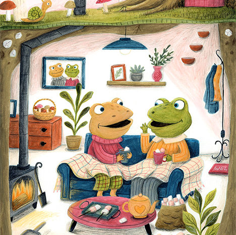 Frog and Toad enjoying hot chocolate and marshmallows