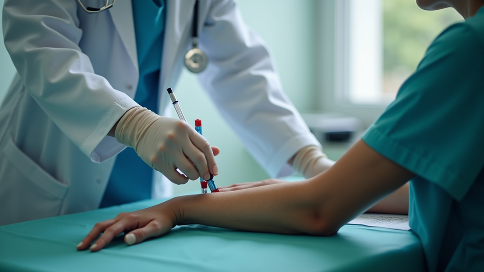 Close-up view of a phlebotomist preparing to draw blood from a patient