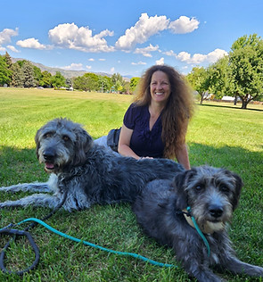 Woman smiling with two large grey dogs on green grass.
