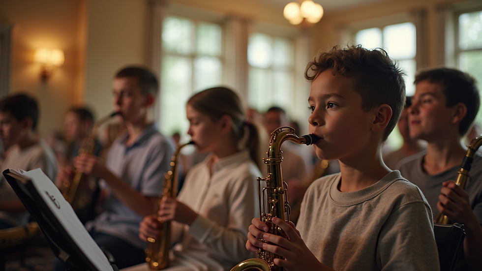 Eye-level view of a youth music rehearsal in a community center