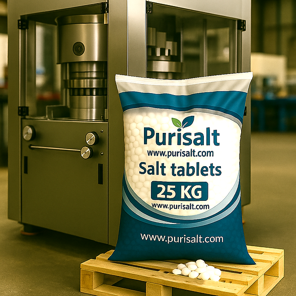Purisalt salt tablet product with rotary press machine.png