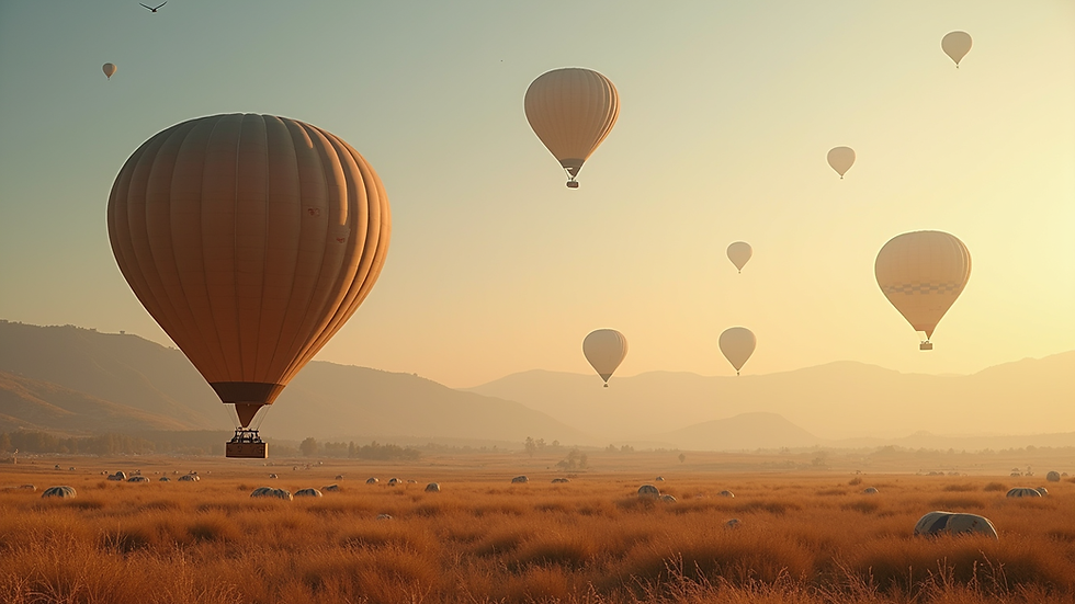 Geniş açıdan Kapadokya vadilerinde sıcak hava balonları