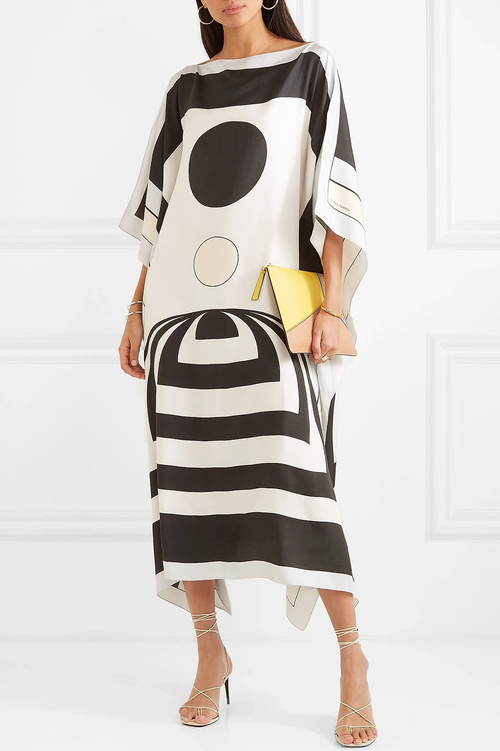 Thumbnail: Elegant Yellow and Black Satin Silk Kaftan with Stripe Print & Slit Sleeves