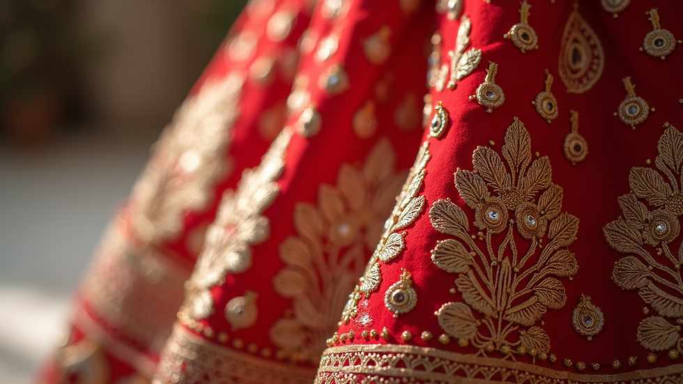 Close-up view of embroidered Indian lehenga fabric with gold thread work
