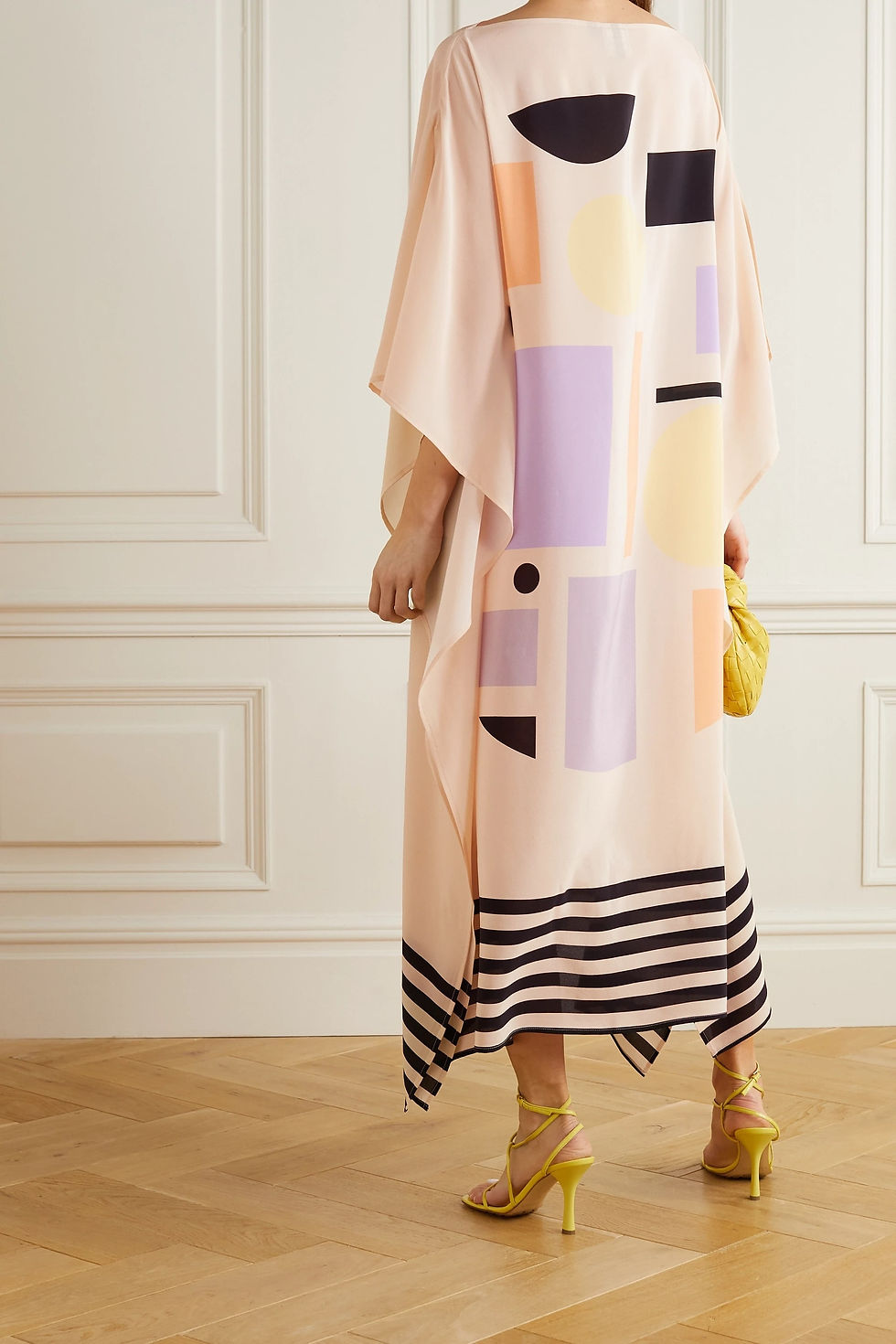 Thumbnail: Elegant Yellow and Black Satin Silk Kaftan with Stripe Print & Slit Sleeves