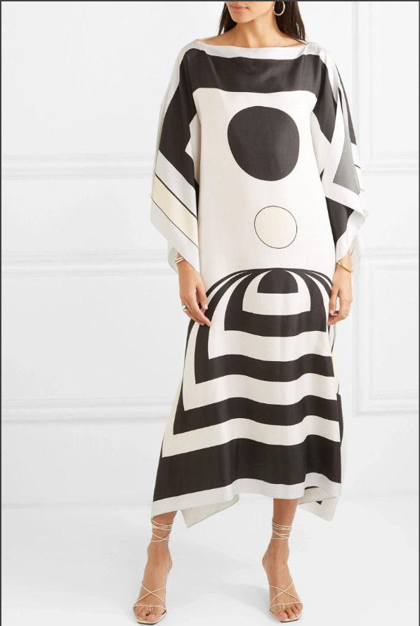 Thumbnail: Elegant Yellow and Black Satin Silk Kaftan with Stripe Print & Slit Sleeves