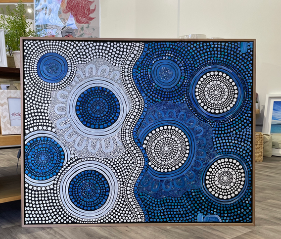 Original Australian Indigenous  Acrylic Painting Stretch and Float Framed in Blackwood